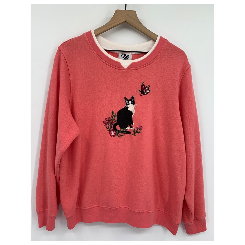 Vintage Cat Sweater Women XL Pink Orange Cat Butterfly Flowers Embroidered